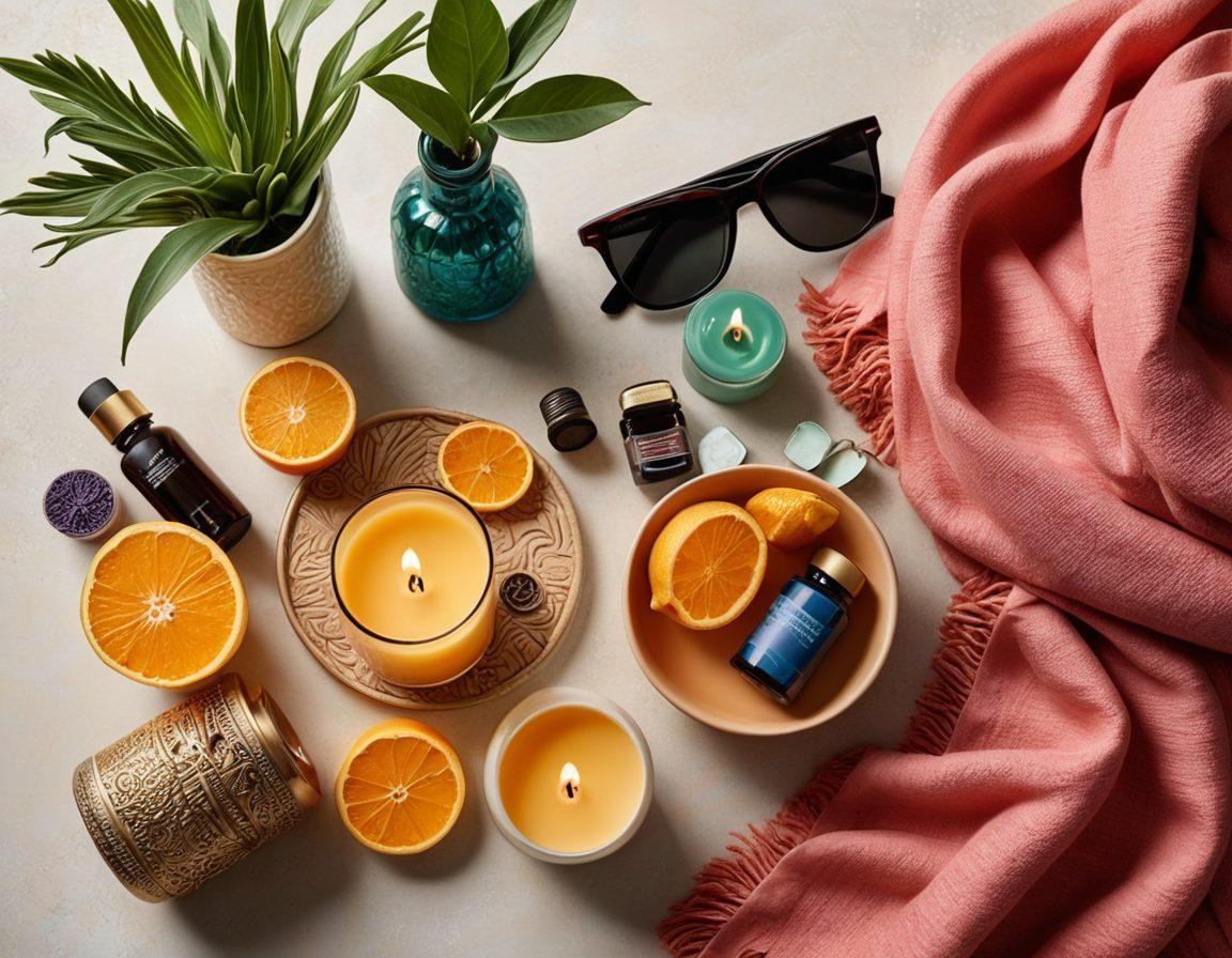 A stylish flat lay arrangement showcasing wellness products like essential oils and candles, fashionable accessories such as trendy sunglasses and scarves, and chic home decor items like vases and textiles. The composition should be vibrant and inviting, reflecting a harmonious blend of wellness, fashion, and home aesthetics. soft lighting. colorful textures. super-realistic.