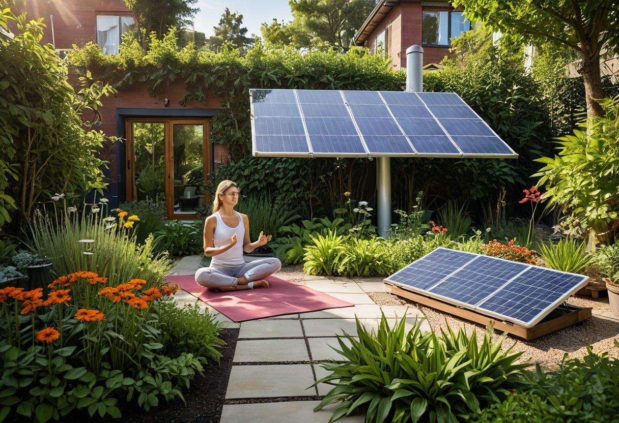 A serene landscape showcasing a thriving urban garden filled with diverse plants, a solar panel and a wind turbine in the background, people engaging in mindful activities like yoga and reading, all bathed in warm sunlight. The scene conveys harmony between nature and modern living. vibrant colors. super-realistic.