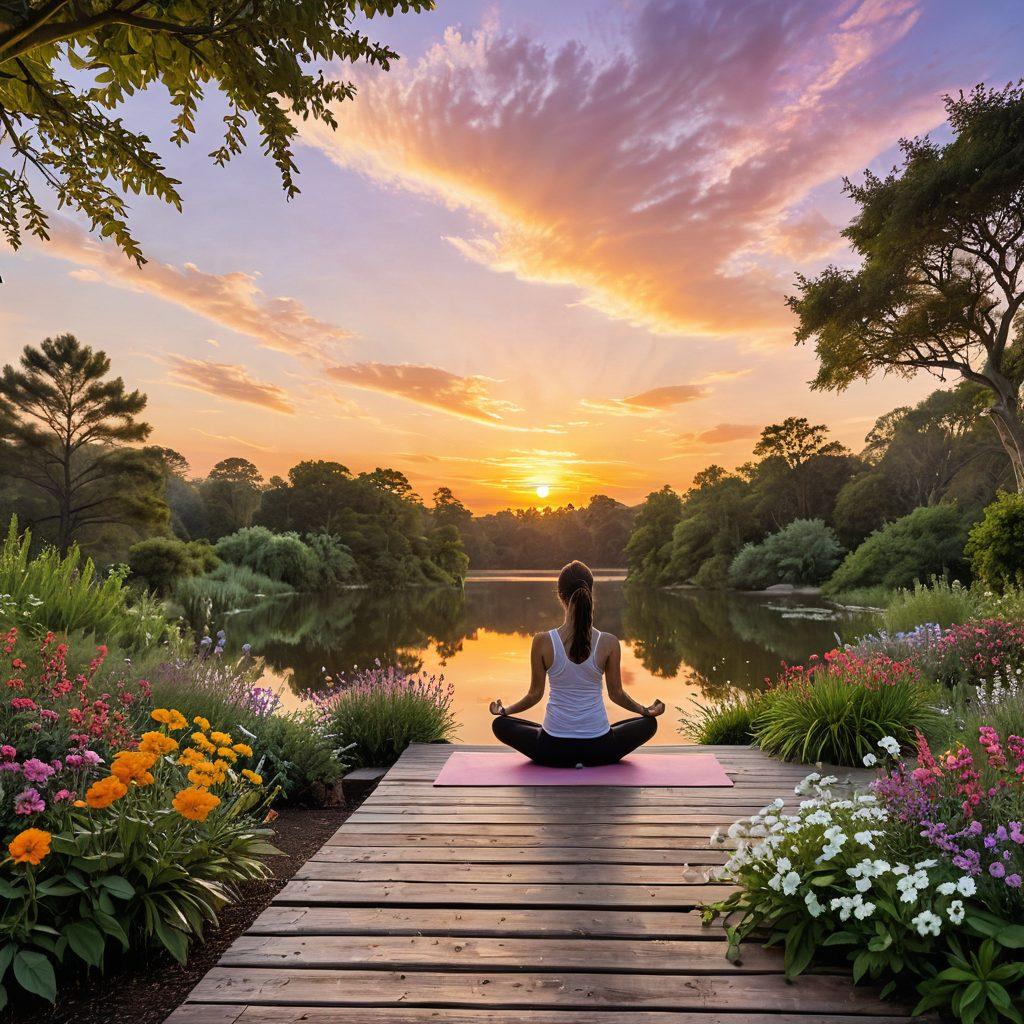 A serene landscape featuring a sunrise over a vibrant, flourishing garden filled with diverse flowers and greenery, symbolizing growth and wellness. Include a person practicing yoga on a wooden deck, embodying tranquility and mindfulness, with inspirational quotes subtly woven into the scene. The sky should reflect warm pastel colors, invoking a sense of optimism and new beginnings. super-realistic. vibrant colors. harmonious composition.